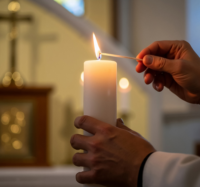 funeral director lighting candle