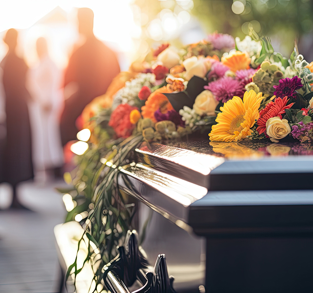 coffin with flower arrangement